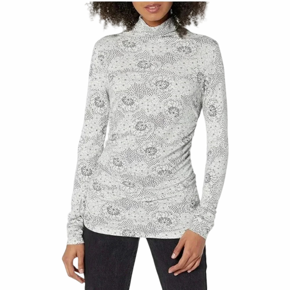 Rebecca Taylor Forget Me Not Fleur Ruch Side Turtleneck Ivory Black NWT small